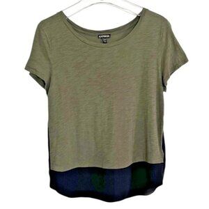Express Two Tone High Low Hem Short Sleeve Tee Top Olive Black Size M